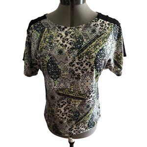 Bleeker & McDougal Womens Patterned Short Sleeve Top Lace Shoulder Design PS